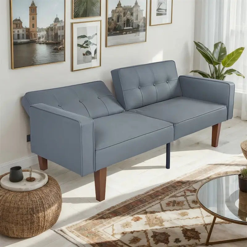Futón sofá convertible de piel sintética y tela beige/multicolor, cama de dos plazas con respaldo dividido