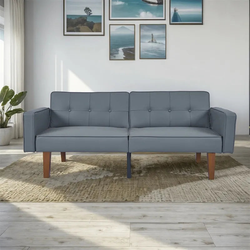 Futón sofá convertible de piel sintética y tela beige/multicolor, cama de dos plazas con respaldo dividido