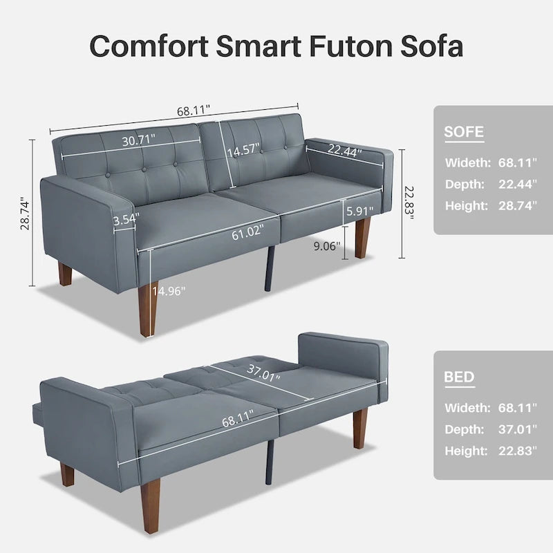 Futón sofá convertible de piel sintética y tela beige/multicolor, cama de dos plazas con respaldo dividido