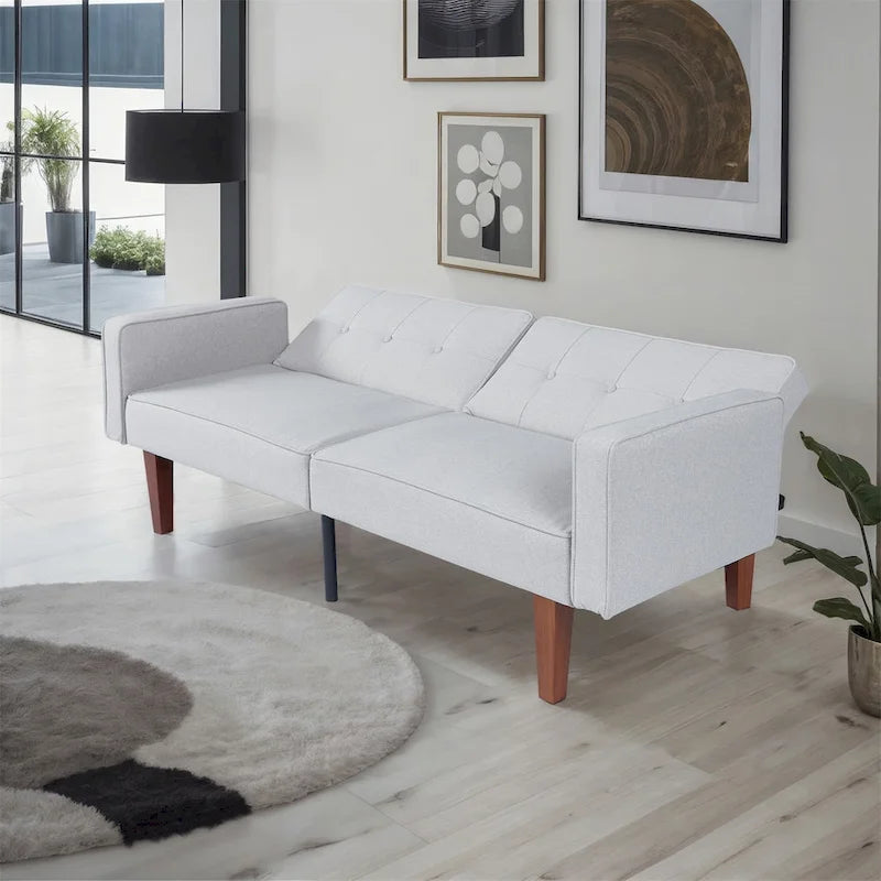 Futón sofá convertible de piel sintética y tela beige/multicolor, cama de dos plazas con respaldo dividido