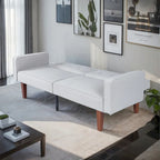 Futón sofá convertible de piel sintética y tela beige/multicolor, cama de dos plazas con respaldo dividido