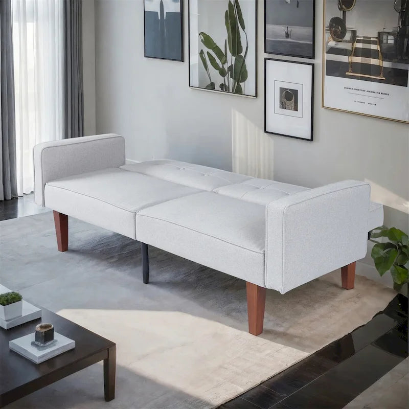Futón sofá convertible de piel sintética y tela beige/multicolor, cama de dos plazas con respaldo dividido