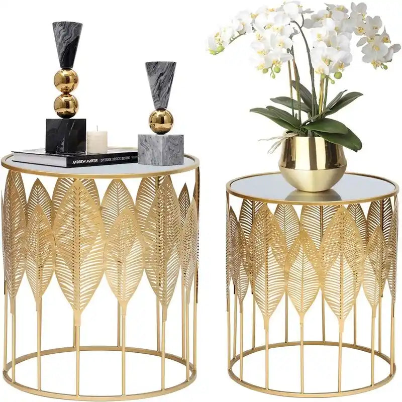 Gold Leaf Round Metal Nesting Side Table, Set of 2