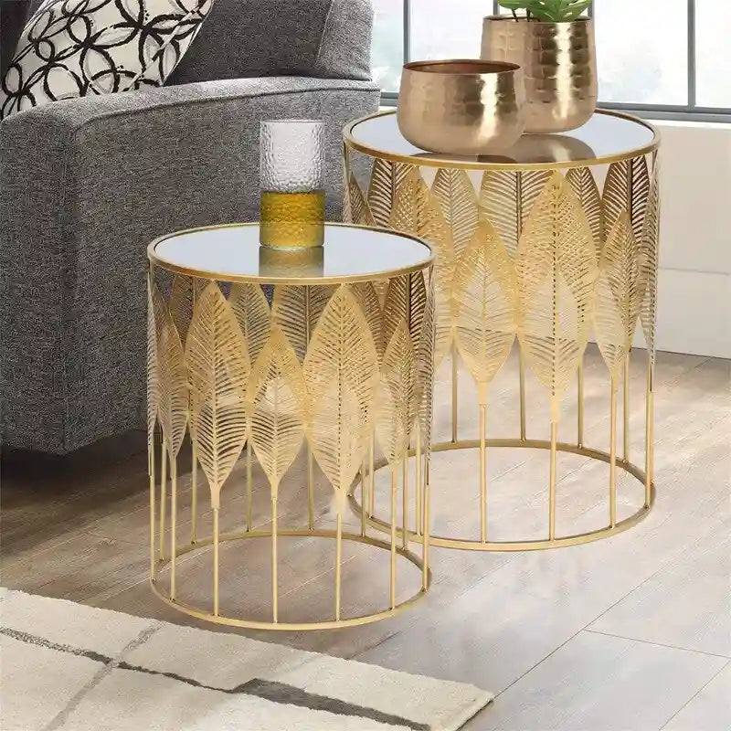 Gold Leaf Round Metal Nesting Side Table, Set of 2