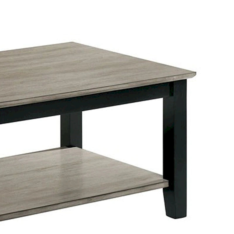 Gray Wood Grain Rectangular Coffee Table with Bottom Shelf, Seats 1–4