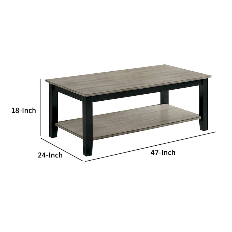 Gray Wood Grain Rectangular Coffee Table with Bottom Shelf, Seats 1–4