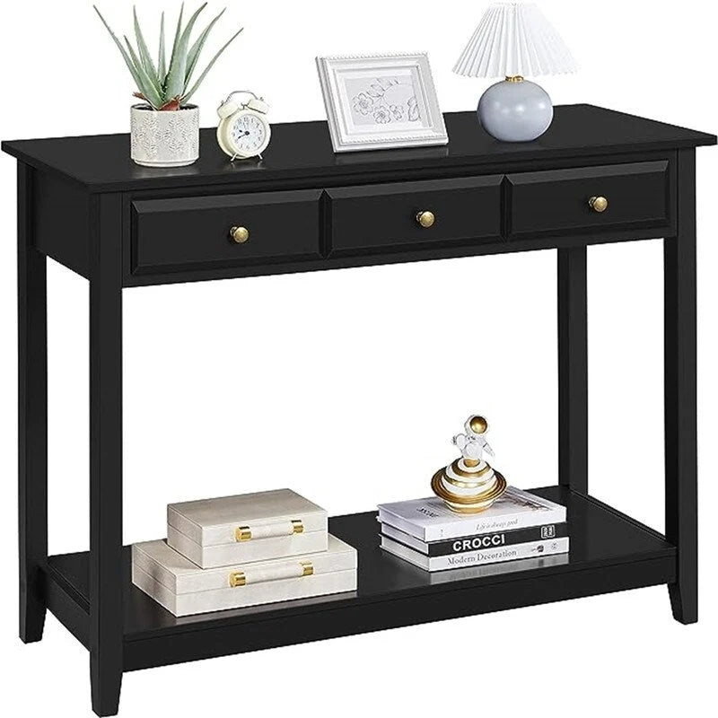 Black 3-Drawer Console Table, MDF Top, 42"W x 13.5"D x 31.5"H