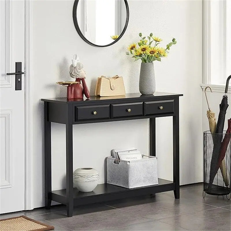 Black 3-Drawer Console Table, MDF Top, 42"W x 13.5"D x 31.5"H