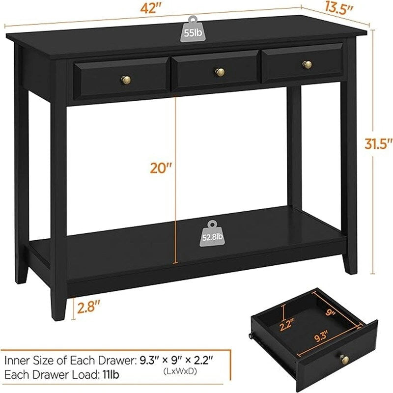 Black 3-Drawer Console Table, MDF Top, 42"W x 13.5"D x 31.5"H
