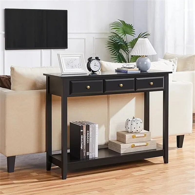 Black 3-Drawer Console Table, MDF Top, 42"W x 13.5"D x 31.5"H