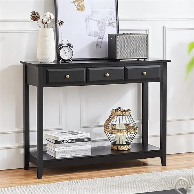 Black 3-Drawer Console Table, MDF Top, 42"W x 13.5"D x 31.5"H